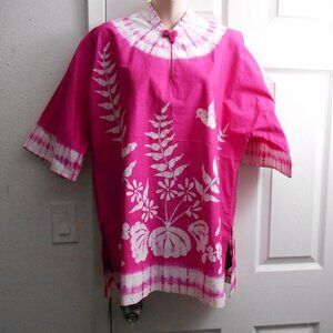 BETTE OF JAMAICA ORIGINAL VINTAGE PINK WHITE TIE-DYE COTTONSHIRT XL BIRD FLORAL